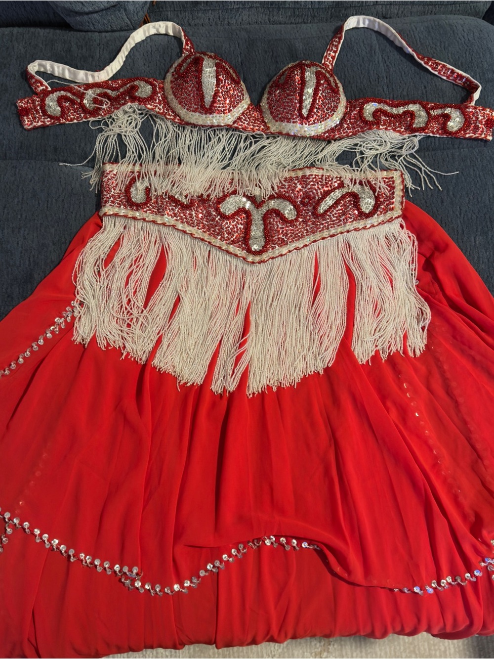 Red sequin fringe belly dance costume set with white for professional dancers.